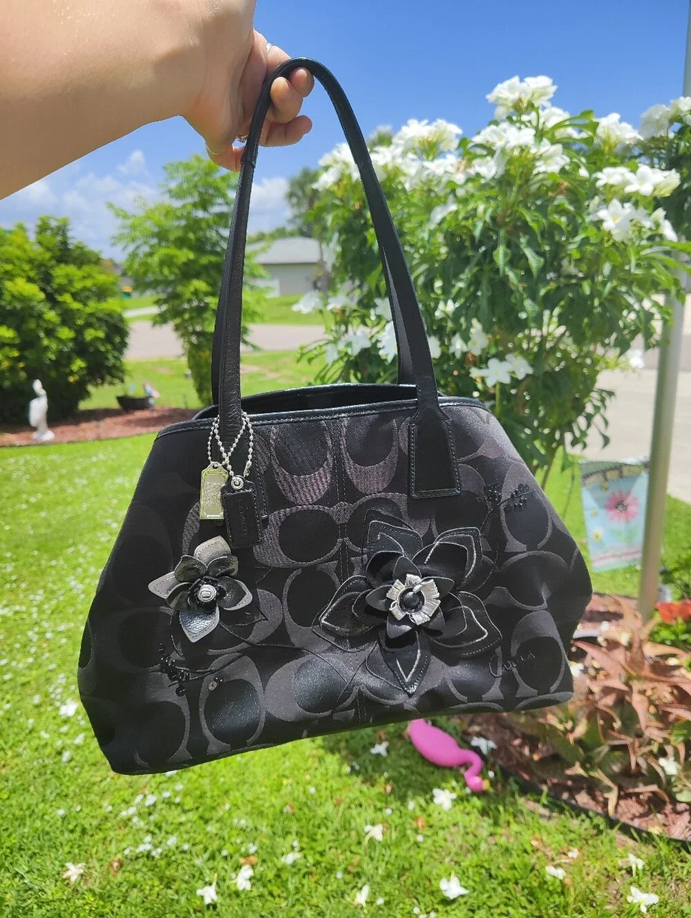 Coach Black Signature Floral Appliqué Tote